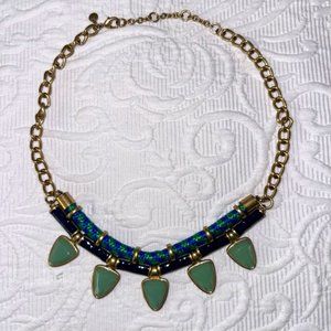 J. CREW Statement Necklace Green Blue Gold Brass with J Crew Charm NWOT